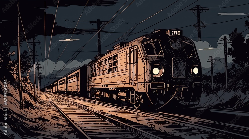 Naklejka premium Train on the track at night. Comic style. Generative AI