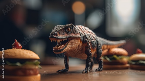 Dinosaur figurine and burger. Generative AI