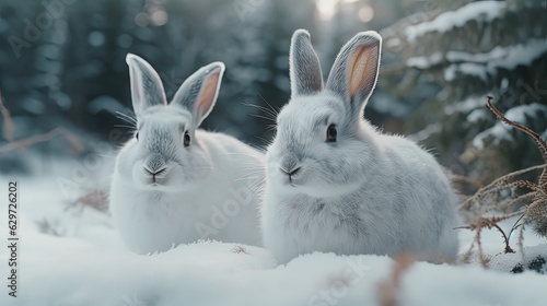 Two cute rabbits on snowy ground in forest. Generative AI