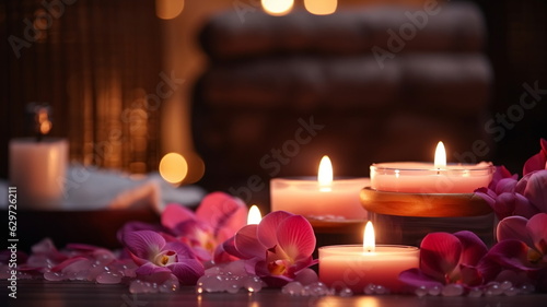 spa concept cozy atmosfear soft candle blurred light beautiful tropical flowers