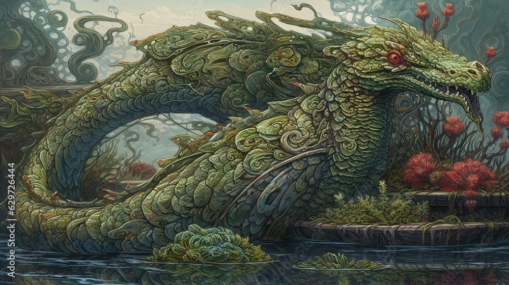Dragon with ornate scales. Chinese green dragon. Generative AI