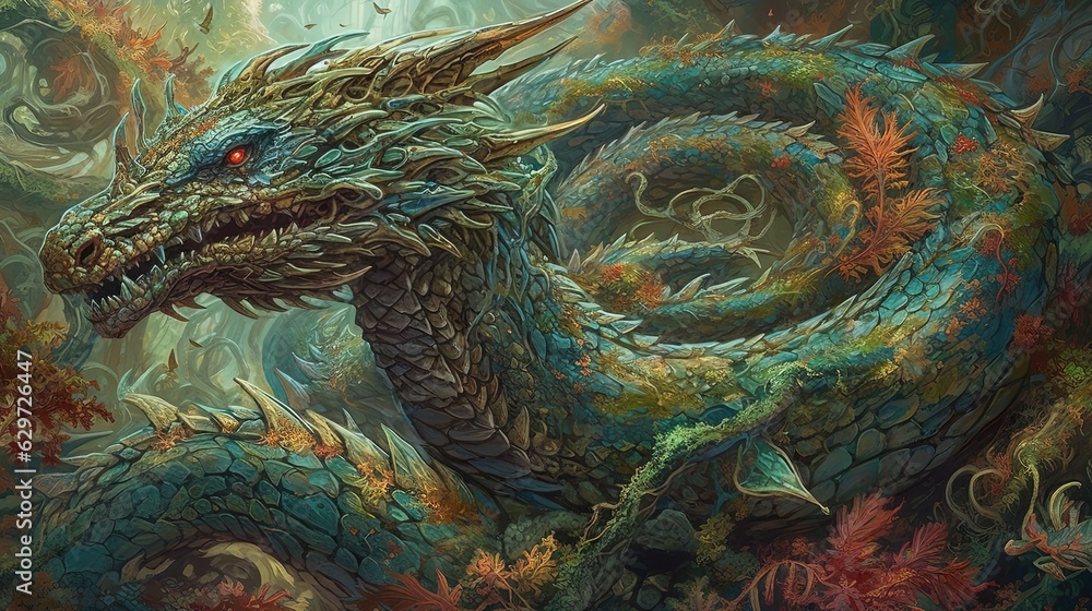 Obraz premium Dragon with ornate scales. Chinese green dragon. Generative AI