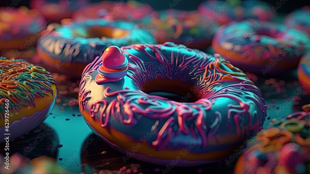 Colorful donuts. Close-up. Generative AI