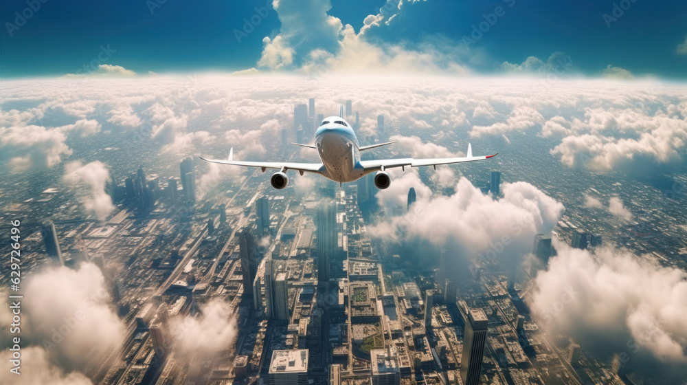 Airplane in the blue sky with clouds from below, a high-flying ...