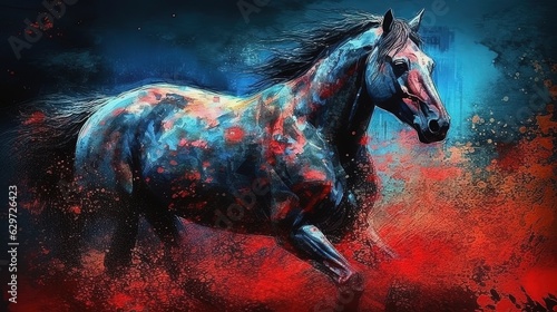 Running horse. Red and blue. In style of watercolor illustration. Generative AI