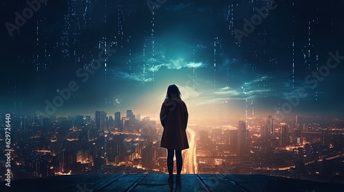 Woman standing with his back in front of futuristic city. Generative AI