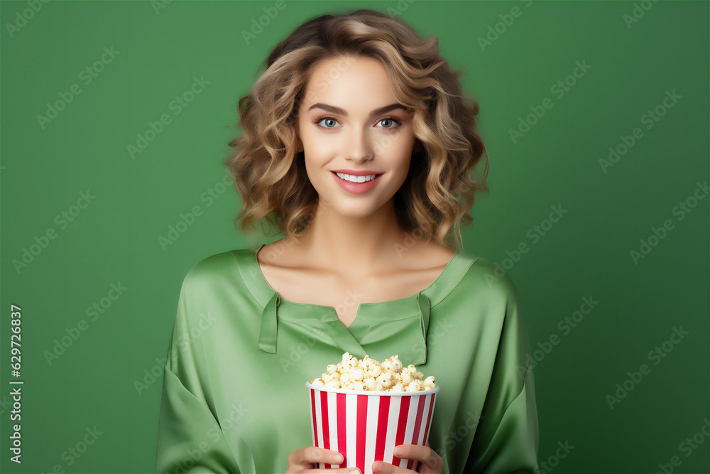 Pretty woman smiling at camera with popcorn in hand, cinema night, movie night Pretty woman smiling at camera with popcorn in hand, cinema night, movie night