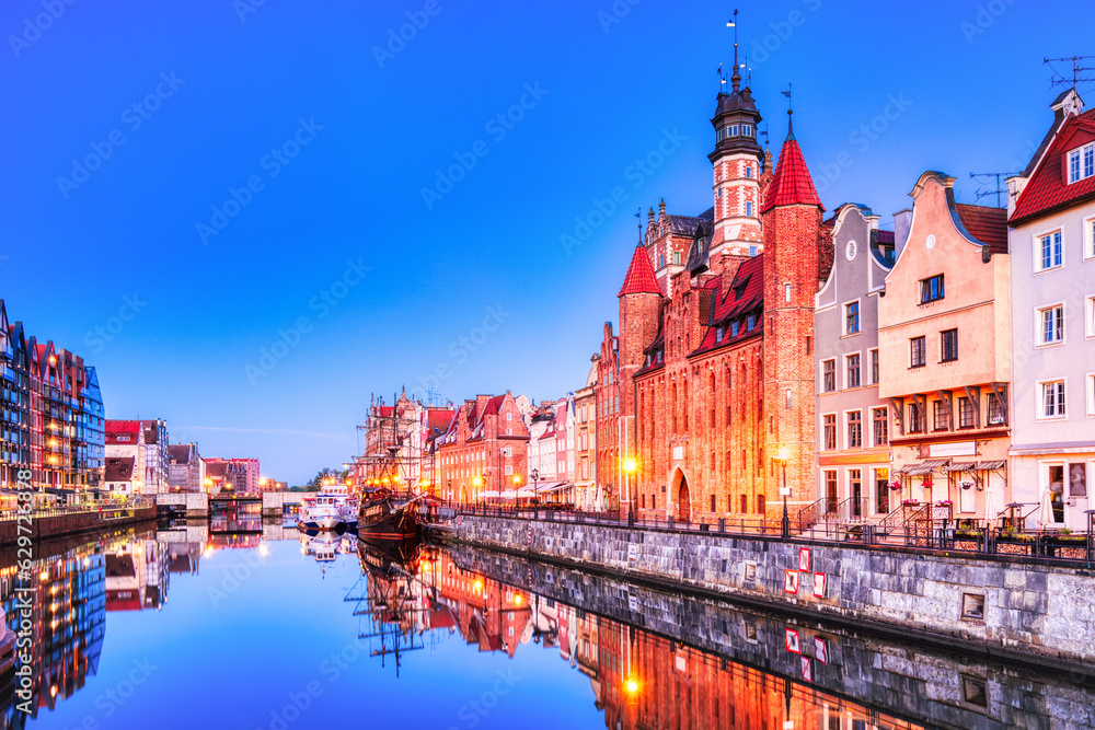 Illuminated Gdansk Old Town with Calm Motlawa River at Dusk, Poland, Poland
