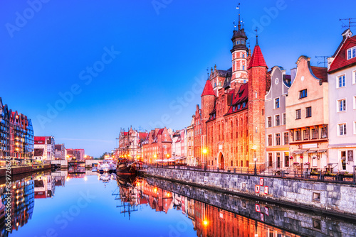 Illuminated Gdansk Old Town with Calm Motlawa River at Dusk, Poland, Poland