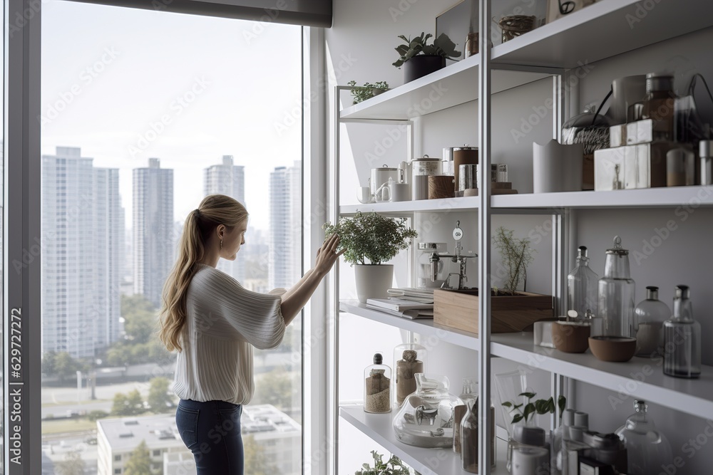 Woman - designer works with decorations in interior of modern house with panoramic windows Woman - designer works with decorations in interior of modern house with panoramic windows