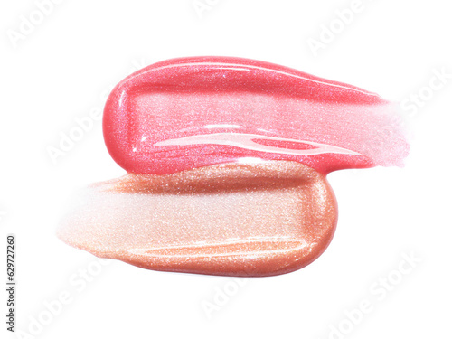 Pink gold lip gloss texture composition isolated on white background. Cosmetic product smear smudge swatch
