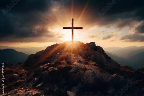 The Faithful Summit, A Cross Embraced by Sun's Rays atop a Majestic Mountain