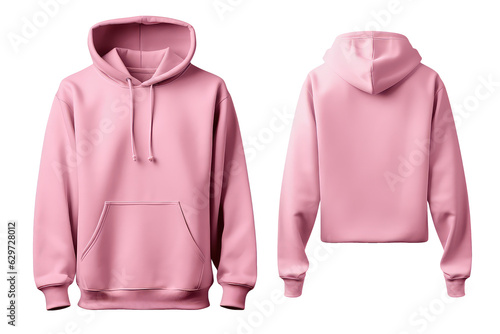 Pink hoodie template. Classic sweatshirt with clipping path, branding design mockup isolated on white transparent png background, cutout. Back and front view.