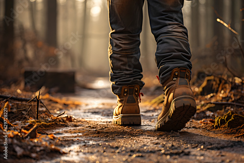 Close up of man hiking legs with sports shoes and backpack walking on forest path. travel and hiking concept.