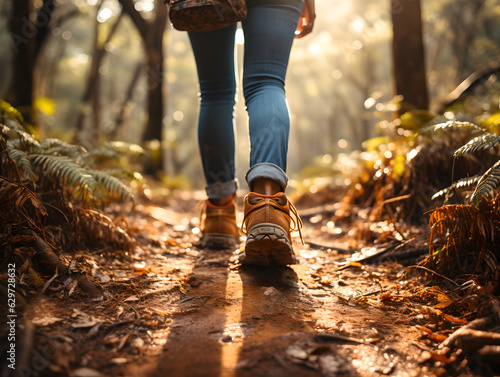 Close up of Female legs with sports shoes and backpack walking on forest path. Hiking in the mountains