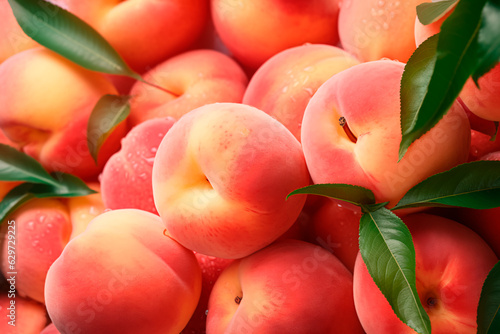 Ripe peaches. Organic fresh peaches. Juicy peaches. Background. AI generated
