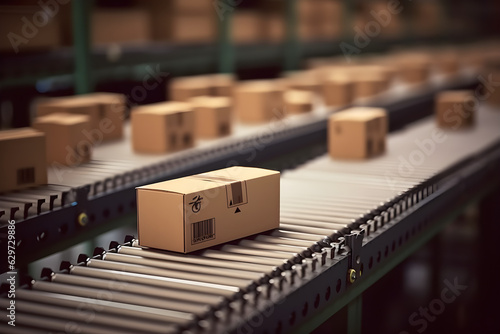 closeup of multiple cardboard box packages seamlessly moving along a conveyor belt in a warehouse fulfillment center a snapshot of e commerce delivery automation and products 
