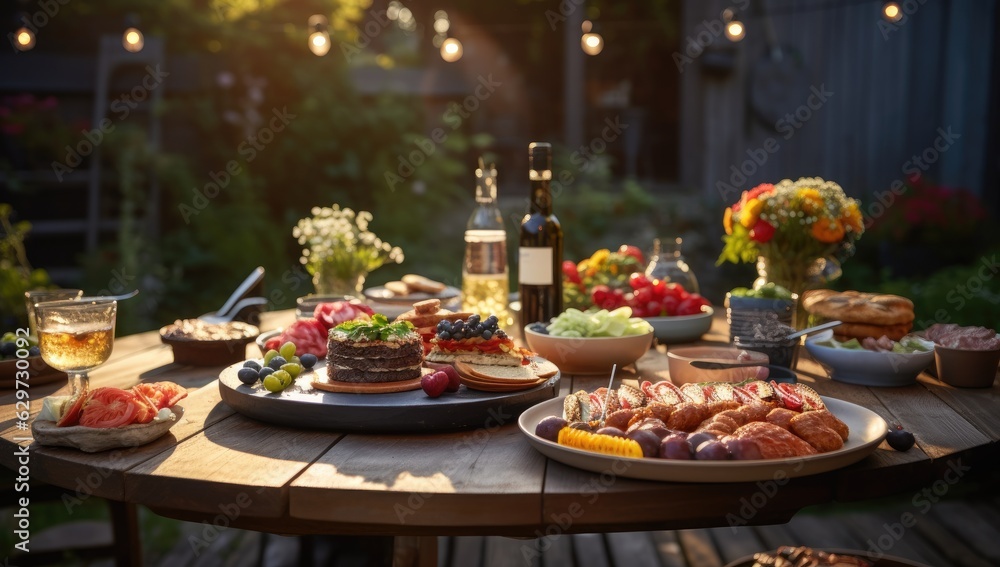 food platter is on a wooden table in the backyard of a house Generative AI