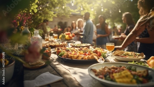 a table with people eating food on outside patio during the summer party Generative AI