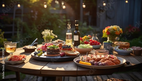 food platter is on a wooden table in the backyard of a house Generative AI