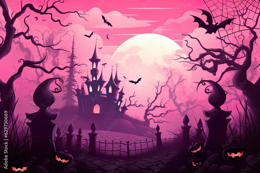  halloween scene horror background with creepy pumpkins of spooky halloween haunted mansion Evil houseat night with full moon |  Generative AI