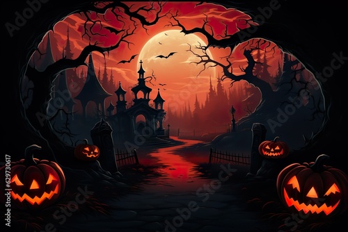  halloween scene horror background with creepy pumpkins of spooky halloween haunted mansion Evil houseat night with full moon |  Generative AI