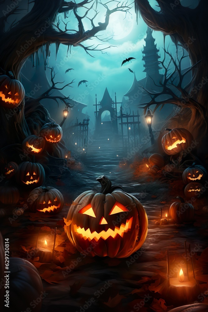 halloween scene horror background with creepy pumpkins of spooky halloween haunted mansion Evil houseat night with full moon | Generative AI halloween scene horror background with creepy pumpkins of spooky halloween haunted mansion Evil houseat night with full moon | Generative AI