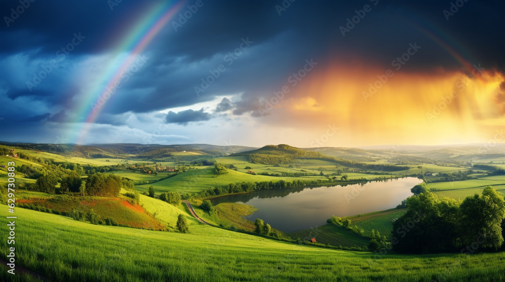Obraz premium landscape with a rainbow after a thunderstorm. Generative Ai.