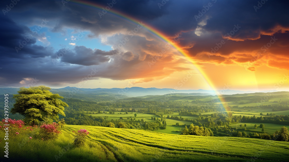 beautiful landscape with rainbow at sunset. Generative Ai. beautiful landscape with rainbow at sunset. Generative Ai.