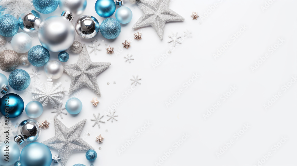 christmas card with silver blue balls and christmas decorations on white wooden background top view. Generative Ai. christmas card with silver blue balls and christmas decorations on white wooden background top view. Generative Ai.