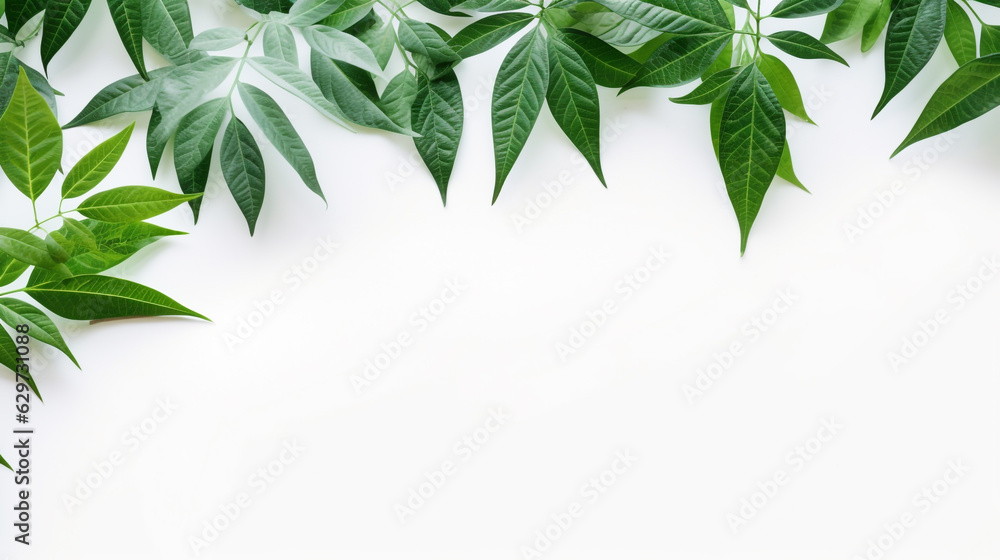 green leaves on a white background with empty space to insert. Generative Ai. green leaves on a white background with empty space to insert. Generative Ai.