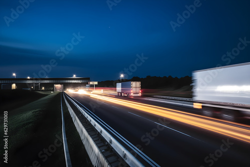 background photograph of a highway truck on a motorway motion blur light trails evening or night shot of trucks doing logistics and transportation on a highway 