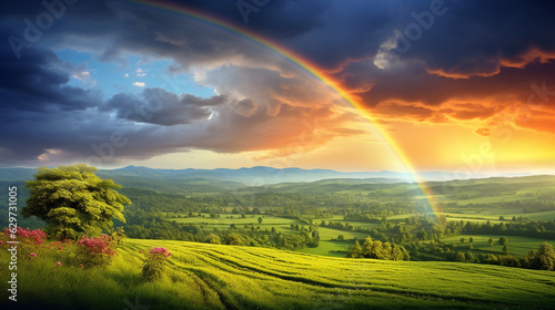 beautiful landscape with rainbow at sunset. Generative Ai. 