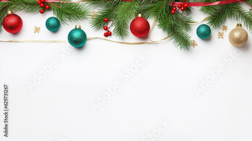 Christmas background with Christmas tree branches and colorful balls on a white background with empty space to insert. Generative Ai. 