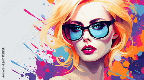 beautiful young blonde woman in glasses on abstract colorful background, illustration. Generative Ai. 