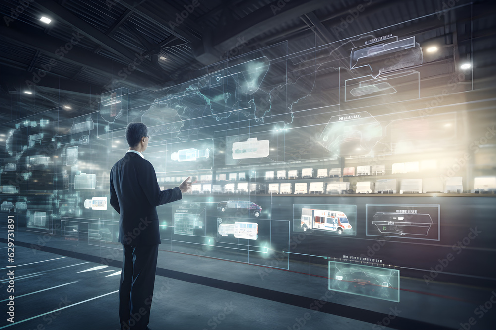 businessman holding virtual interface panel of global logistics network distribution and transportation smart logistics innovation future of transport on large warehouse center background businessman holding virtual interface panel of global logistics network distribution and transportation smart logistics innovation future of transport on large warehouse center background