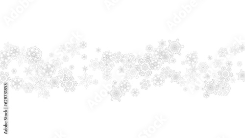 Snowflakes falling on white background. Horizontal Christmas and Happy New Year theme. Silver falling snowflakes for banner, gift card, party invitation, partner compliment and special business offers