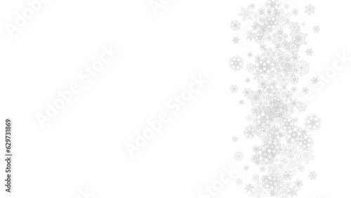 Snowflakes falling on white background. Horizontal Christmas and Happy New Year theme. Silver falling snowflakes for banner, gift card, party invitation, partner compliment and special business offers