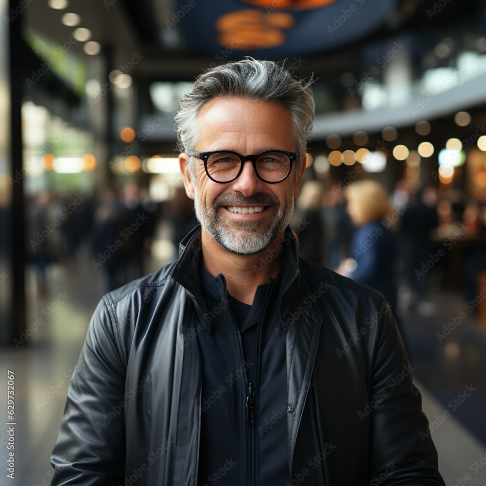Obraz premium Good looking smiling older man with glasses, in an elegant outfit, A Man with Character: Gray-haired gentleman.