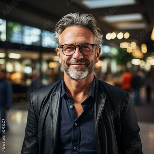 Good looking smiling older man with glasses, in an elegant outfit, The Gentleman in His Prime: A gray-haired man with glasses.