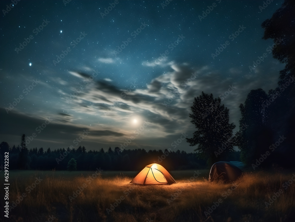 Camping in a tent under milkyway with twinkling stars in the background. camp with camp fire under starry sky