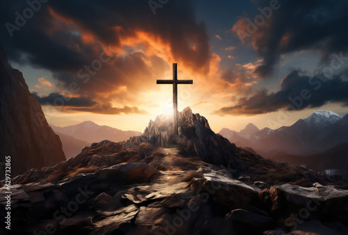 Resurrection Rising, Christian Iron Cross in a Stunning Sunset Over Colorful Mountain © Ash
