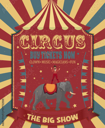 Vintage circus poster featuring an elephant trainer and a performing elephant,circus tend, with grunge texture.circus/carnival/fairground birthday invitation card template design vector/illustration	