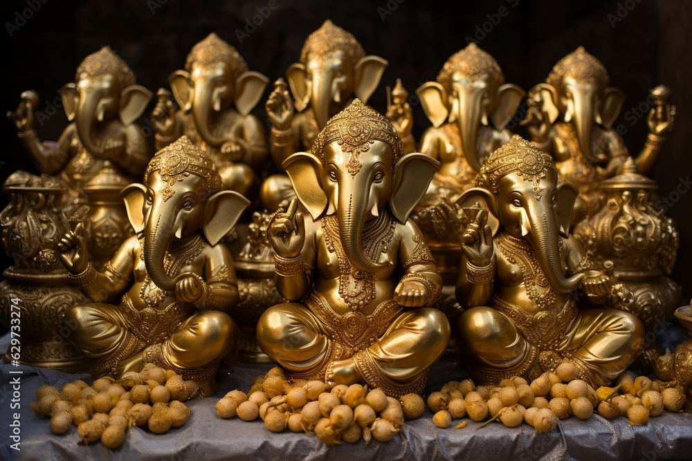 Golden Ganesha statues in serene sitting pose with beautifully decorated hands and arms