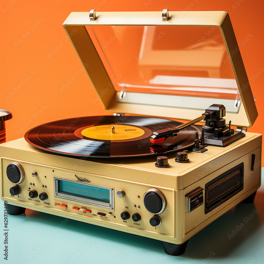 Fototapeta premium Retro vinyl record player music notes on orange 