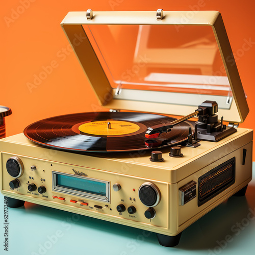  Retro vinyl record player music notes on orange  