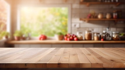 Wooden table on blurred kitchen bench background. Empty wooden table and blurred kitchen background