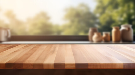 Wooden table on blurred kitchen bench background. Empty wooden table and blurred kitchen background