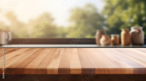 Photographie Wooden table on blurred kitchen bench background