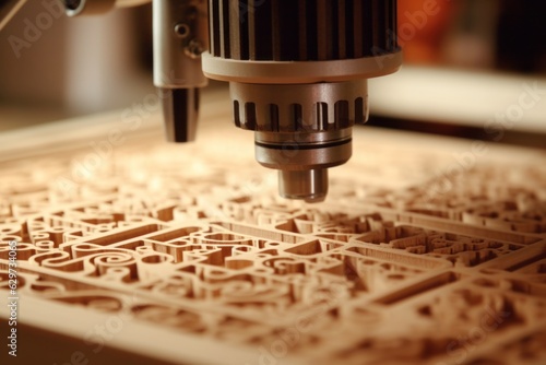 A close-up shot of a CNC machine in action, cutting intricate patterns into a wooden surface with high precision. Generative AI